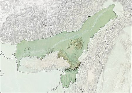 simsearch:872-06055335,k - Relief map of the State of Assam, India. This image was compiled from data acquired by LANDSAT 5 & 7 satellites combined with elevation data. Fotografie stock - Rights-Managed, Codice: 872-06160716