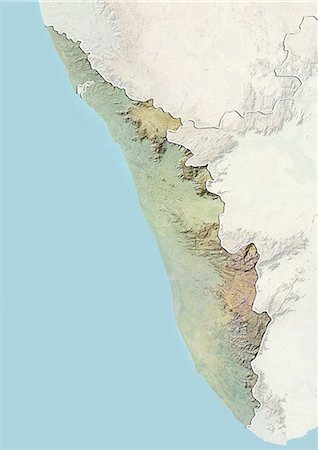 Relief map of the State of Kerala, India. This image was compiled from data acquired by LANDSAT 5 & 7 satellites combined with elevation data. Fotografie stock - Rights-Managed, Codice: 872-06160736