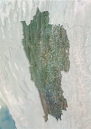 simsearch:872-06055335,k - Satellite view of the State of Mizoram, India. This image was compiled from data acquired by LANDSAT 5 & 7 satellites. Fotografie stock - Rights-Managed, Codice: 872-06160747