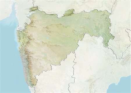 Relief map of the State of Maharashtra, India. This image was compiled from data acquired by LANDSAT 5 & 7 satellites combined with elevation data. Stock Photo - Rights-Managed, Code: 872-06160740