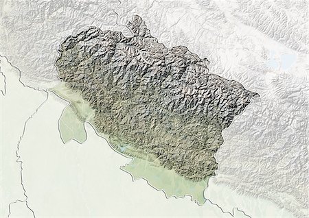 Relief map of the State of Uttarakhand, India. This image was compiled from data acquired by LANDSAT 5 & 7 satellites combined with elevation data. Foto de stock - Con derechos protegidos, Código: 872-06160765