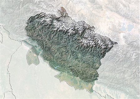 simsearch:872-06055335,k - Satellite view with bump effect of the State of Uttarakhand, India. This image was compiled from data acquired by LANDSAT 5 & 7 satellites. Fotografie stock - Rights-Managed, Codice: 872-06160766