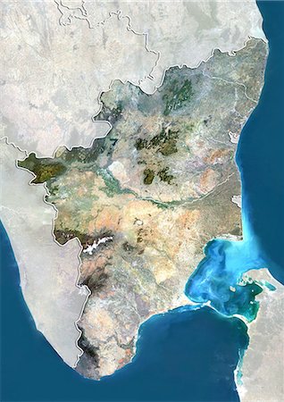 Vue satellite de l'état du Tamil Nadu, Inde. Cette image a été compilée à partir de données acquises par les satellites LANDSAT 5 & 7. Photographie de stock - Rights-Managed, Code: 872-06160760