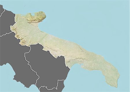 Relief map of the region of Apulia, Italy. This image was compiled from data acquired by LANDSAT 5 & 7 satellites combined with elevation data. Foto de stock - Con derechos protegidos, Código: 872-06160776