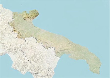 province of bari - Relief map of the region of Apulia, Italy. This image was compiled from data acquired by LANDSAT 5 & 7 satellites combined with elevation data. Stock Photo - Rights-Managed, Code: 872-06160777