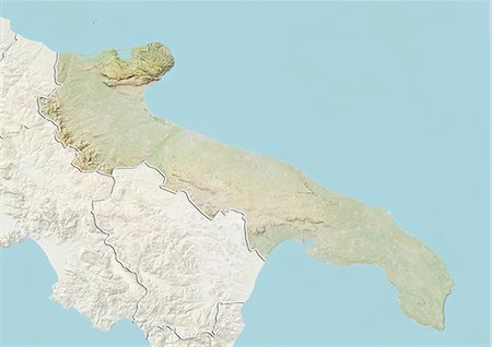 simsearch:872-06160786,k - Plan-relief de la région des Pouilles, Italie. Cette image a été compilée à partir de données acquises par les satellites LANDSAT 5 & 7 combinées avec les données d'élévation. Photographie de stock - Rights-Managed, Code: 872-06160777