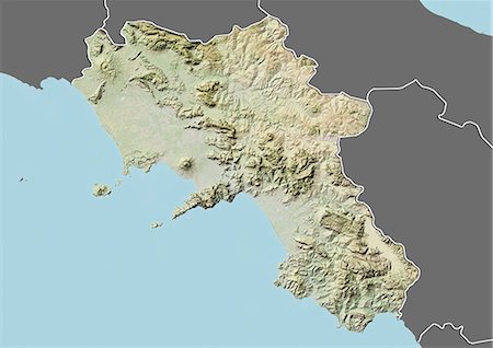 Relief map of the region of Campania, Italy. This image was compiled from data acquired by LANDSAT 5 & 7 satellites combined with elevation data. Stock Photo - Rights-Managed, Code: 872-06160785