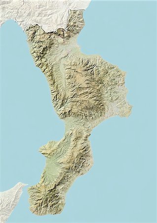 simsearch:872-06054445,k - Relief map of the region of Calabria, Italy. This image was compiled from data acquired by LANDSAT 5 & 7 satellites combined with elevation data. Stock Photo - Rights-Managed, Code: 872-06160783