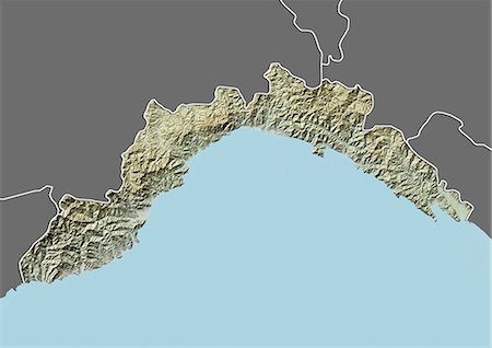 Plan-relief de la région de Ligurie, Italie. Cette image a été compilée à partir de données acquises par les satellites LANDSAT 5 & 7 combinées avec les données d'élévation. Photographie de stock - Rights-Managed, Code: 872-06160797