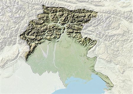 Relief map of the region of Friuli-Venezia Giulia, Italy. This image was compiled from data acquired by LANDSAT 5 & 7 satellites combined with elevation data. Stock Photo - Rights-Managed, Code: 872-06160792