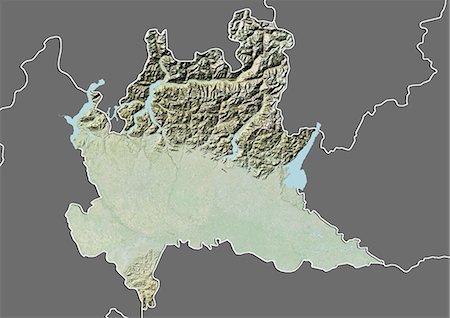 Relief map of the region of Lombardy, Italy. This image was compiled from data acquired by LANDSAT 5 & 7 satellites combined with elevation data. Stock Photo - Rights-Managed, Code: 872-06160800