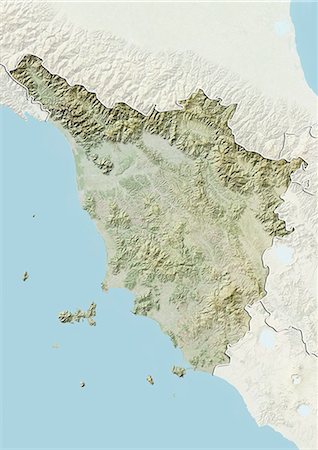 Relief map of the region of Tuscany, Italy. This image was compiled from data acquired by LANDSAT 5 & 7 satellites combined with elevation data. Stock Photo - Rights-Managed, Code: 872-06160816