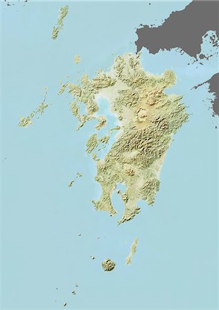 fukuoka - Relief map of the region of Kyushu, Japan. This image was compiled from data acquired by LANDSAT 5 & 7 satellites combined with elevation data. Stock Photo - Rights-Managed, Code: 872-06160838