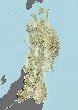 Relief map of the region of Tohoku, Japan. This image was compiled from data acquired by LANDSAT 5 & 7 satellites combined with elevation data. Stock Photo - Rights-Managed, Code: 872-06160844