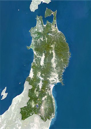 Vue satellite de la région de Tohoku au Japon. Cette image a été compilée à partir de données acquises par les satellites LANDSAT 5 & 7. Photographie de stock - Rights-Managed, Code: 872-06160846