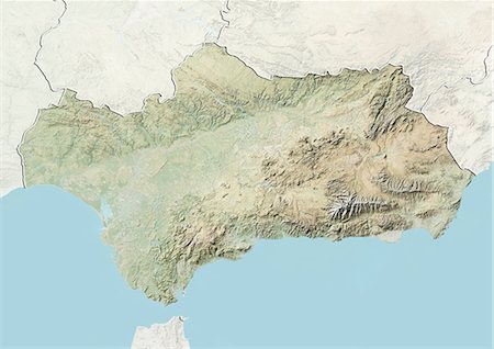 simsearch:872-06160897,k - Relief map of Andalusia, Spain. This image was compiled from data acquired by LANDSAT 5 & 7 satellites combined with elevation data. Stock Photo - Rights-Managed, Code: 872-06160885