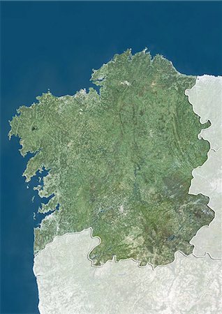 santiago de compostela - Satellite view of Galicia, Spain. This image was compiled from data acquired by LANDSAT 5 & 7 satellites. Fotografie stock - Rights-Managed, Codice: 872-06160913