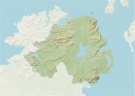 simsearch:872-06054240,k - Relief map of Northern Ireland, United Kingdom. This image was compiled from data acquired by LANDSAT 5 & 7 satellites combined with elevation data. Stock Photo - Rights-Managed, Code: 872-06160936