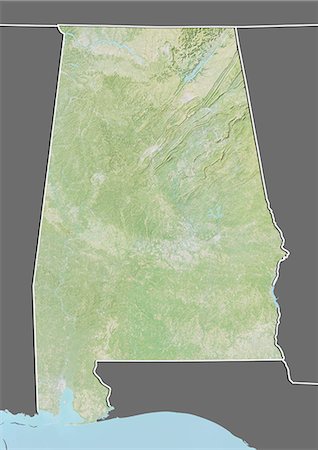 Relief map of the State of Alabama, United States. This image was compiled from data acquired by LANDSAT 5 & 7 satellites combined with elevation data. Stock Photo - Rights-Managed, Code: 872-06160944