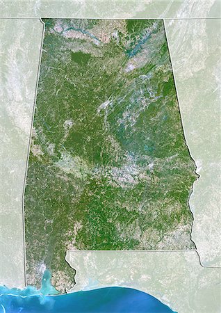 Vue satellite de l'état de l'Alabama, aux États-Unis. Cette image a été compilée à partir de données acquises par les satellites LANDSAT 5 & 7. Photographie de stock - Rights-Managed, Code: 872-06160946