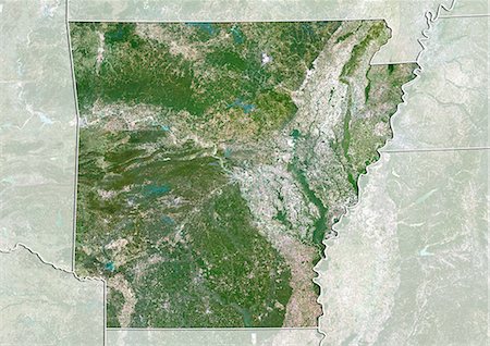 Satellite view of the State of Arkansas, United States. This image was compiled from data acquired by LANDSAT 5 & 7 satellites. Stock Photo - Rights-Managed, Code: 872-06160955