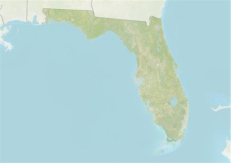 Relief map of the State of Florida, United States. This image was compiled from data acquired by LANDSAT 5 & 7 satellites combined with elevation data. Stock Photo - Rights-Managed, Code: 872-06160969
