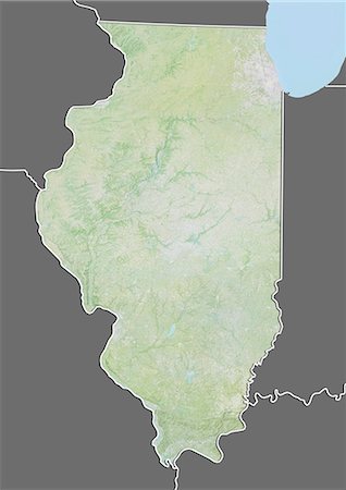 Relief map of the State of Illinois, United States. This image was compiled from data acquired by LANDSAT 5 & 7 satellites combined with elevation data. Foto de stock - Con derechos protegidos, Código: 872-06160977