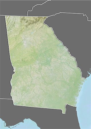 Plan-relief de l'état de Géorgie, aux États-Unis. Cette image a été compilée à partir de données acquises par les satellites LANDSAT 5 & 7 combinées avec les données d'élévation. Photographie de stock - Rights-Managed, Code: 872-06160971