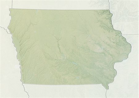 simsearch:872-06055814,k - Reliefkarte Bundesstaat Iowa der Vereinigten Staaten von Amerika. Dieses Bild wurde aus Daten von LANDSAT 5 & 7 Satelliten kombiniert mit Höhendaten erworbenen zusammengestellt. Stockbilder - Lizenzpflichtiges, Bildnummer: 872-06160984