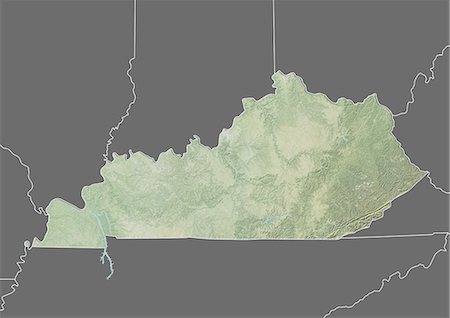 relief map - Relief map of the State of Kentucky, United States. This image was compiled from data acquired by LANDSAT 5 & 7 satellites combined with elevation data. Stock Photo - Rights-Managed, Code: 872-06160989