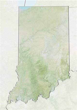 Relief map of the State of Indiana, United States. This image was compiled from data acquired by LANDSAT 5 & 7 satellites combined with elevation data. Stock Photo - Rights-Managed, Code: 872-06160981