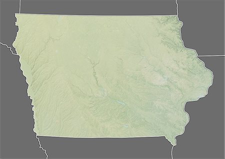 simsearch:872-06055814,k - Reliefkarte Bundesstaat Iowa der Vereinigten Staaten von Amerika. Dieses Bild wurde aus Daten von LANDSAT 5 & 7 Satelliten kombiniert mit Höhendaten erworbenen zusammengestellt. Stockbilder - Lizenzpflichtiges, Bildnummer: 872-06160983