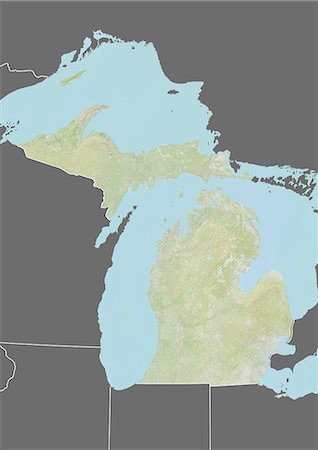 simsearch:872-06055365,k - Relief map of the State of Michigan, United States. This image was compiled from data acquired by LANDSAT 5 & 7 satellites combined with elevation data. Fotografie stock - Rights-Managed, Codice: 872-06161004