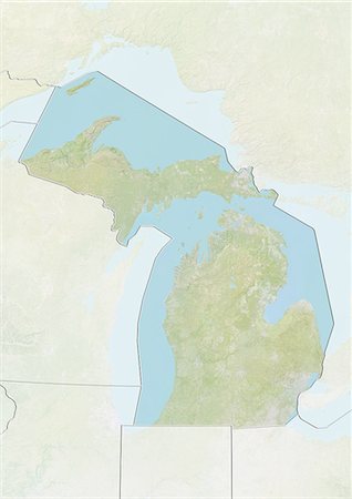 Plan-relief de l'état du Michigan, aux États-Unis. Cette image a été compilée à partir de données acquises par les satellites LANDSAT 5 & 7 combinées avec les données d'élévation. Photographie de stock - Rights-Managed, Code: 872-06161005