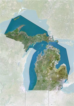 Vue satellite de l'état du Michigan, aux États-Unis. Cette image a été compilée à partir de données acquises par les satellites LANDSAT 5 & 7. Photographie de stock - Rights-Managed, Code: 872-06161006