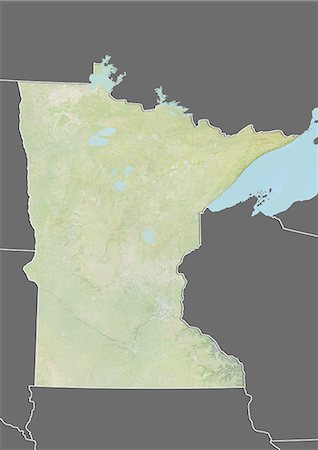 simsearch:872-06160786,k - Relief map of the State of Minnesota, United States. This image was compiled from data acquired by LANDSAT 5 & 7 satellites combined with elevation data. Stock Photo - Rights-Managed, Code: 872-06161007