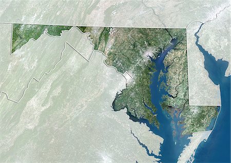 simsearch:872-06161036,k - Vue satellite de l'état du Maryland, aux États-Unis. Cette image a été compilée à partir de données acquises par les satellites LANDSAT 5 & 7. Photographie de stock - Rights-Managed, Code: 872-06161000