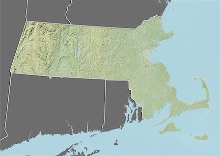 simsearch:872-06160786,k - Relief map of the State of Massachusetts, United States. This image was compiled from data acquired by LANDSAT 5 & 7 satellites combined with elevation data. Stock Photo - Rights-Managed, Code: 872-06161001