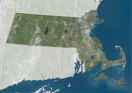 Vue satellite de l'état du Massachusetts, aux États-Unis. Cette image a été compilée à partir de données acquises par les satellites LANDSAT 5 & 7. Photographie de stock - Rights-Managed, Code: 872-06161003