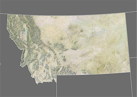 simsearch:872-06055119,k - Relief map of the State of Montana, United States. This image was compiled from data acquired by LANDSAT 5 & 7 satellites combined with elevation data. Foto de stock - Con derechos protegidos, Código: 872-06161016