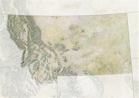 Plan-relief de l'état du Montana, aux États-Unis. Cette image a été compilée à partir de données acquises par les satellites LANDSAT 5 & 7 combinées avec les données d'élévation. Photographie de stock - Rights-Managed, Code: 872-06161017
