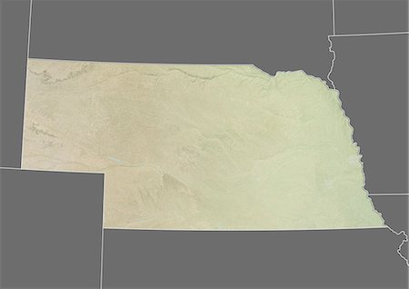 state - Relief map of the State of Nebraska, United States. This image was compiled from data acquired by LANDSAT 5 & 7 satellites combined with elevation data. Stock Photo - Rights-Managed, Code: 872-06161019
