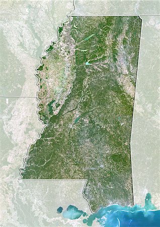 simsearch:872-06055939,k - Vue satellite de l'état du Mississippi, aux États-Unis. Cette image a été compilée à partir de données acquises par les satellites LANDSAT 5 & 7. Photographie de stock - Rights-Managed, Code: 872-06161012