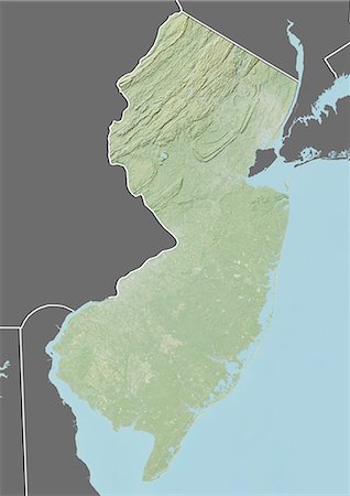 Relief map of the State of New Jersey, United States. This image was compiled from data acquired by LANDSAT 5 & 7 satellites combined with elevation data. Stock Photo - Rights-Managed, Code: 872-06161028