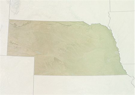 Plan-relief de l'état du Nebraska, aux États-Unis. Cette image a été compilée à partir de données acquises par les satellites LANDSAT 5 & 7 combinées avec les données d'élévation. Photographie de stock - Rights-Managed, Code: 872-06161020