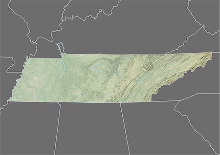 Relief map of the State of Tennessee, United States. This image was compiled from data acquired by LANDSAT 5 & 7 satellites combined with elevation data. Foto de stock - Con derechos protegidos, Código: 872-06161064