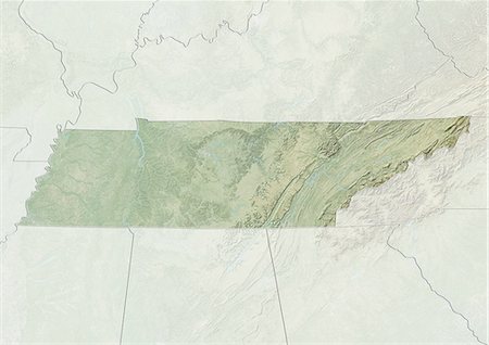 state - Relief map of the State of Tennessee, United States. This image was compiled from data acquired by LANDSAT 5 & 7 satellites combined with elevation data. Stock Photo - Rights-Managed, Code: 872-06161065