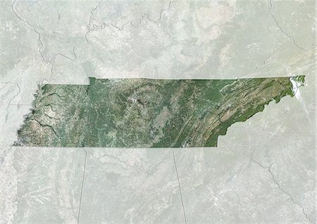 Vue satellite de l'état du Tennessee, aux États-Unis. Cette image a été compilée à partir de données acquises par les satellites LANDSAT 5 & 7. Photographie de stock - Rights-Managed, Code: 872-06161066