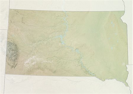 simsearch:872-06161073,k - Relief map of the State of South Dakota, United States. This image was compiled from data acquired by LANDSAT 5 & 7 satellites combined with elevation data. Stock Photo - Rights-Managed, Code: 872-06161062