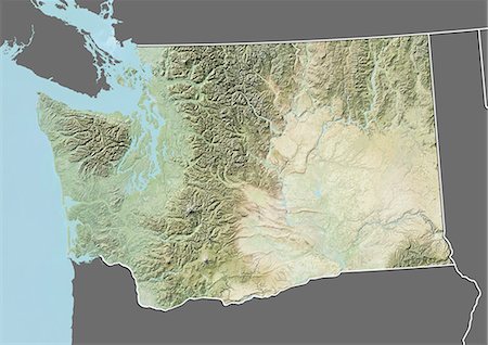 Relief map of the State of Washington, United States. This image was compiled from data acquired by LANDSAT 5 & 7 satellites combined with elevation data. Stock Photo - Rights-Managed, Code: 872-06161079